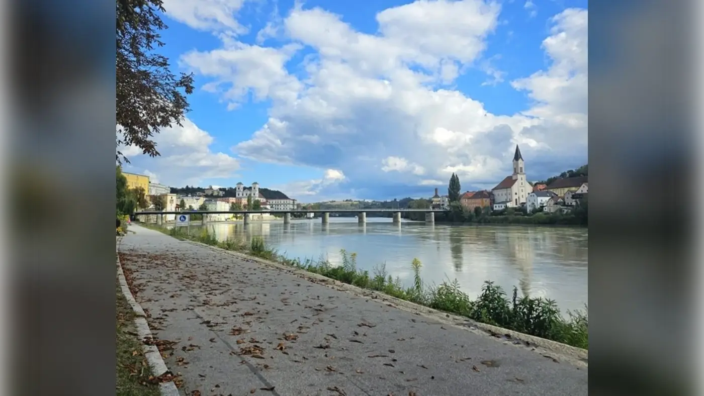 Sommerlicher Uferweg an der Innpromenade in Passau mit Bäumen und Blick auf den Fluss