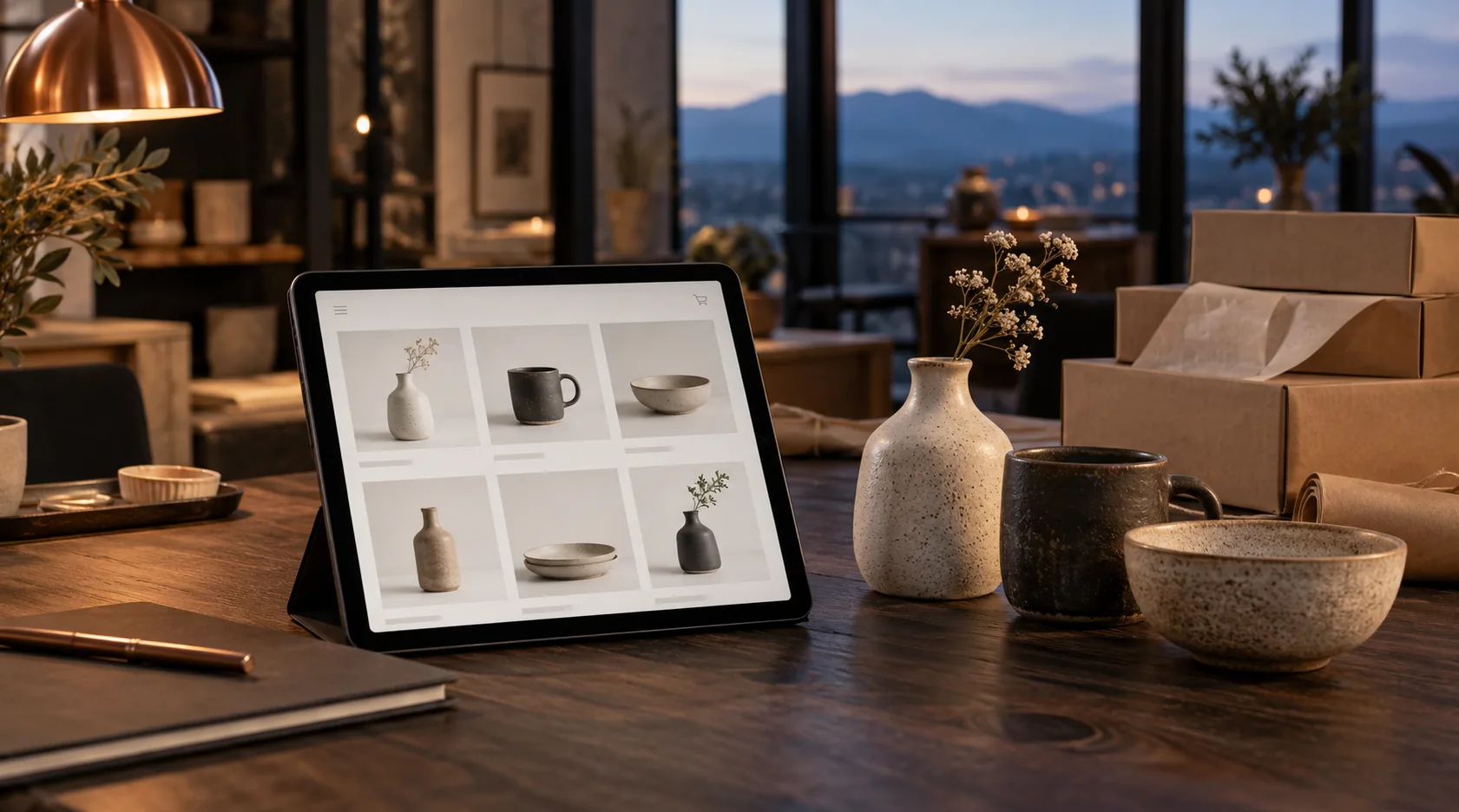 Tablet mit Shopdarstellung neben Produkten und Versandverpackung