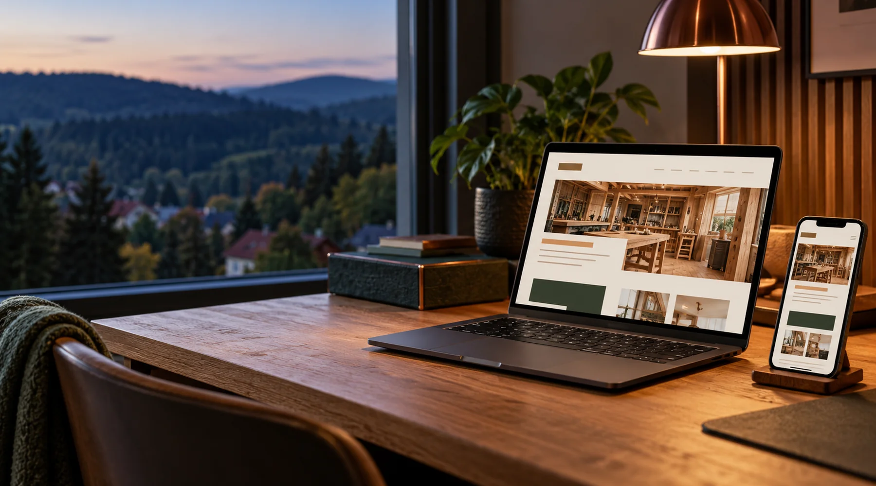 Laptop und Smartphone mit Website-Entwurf vor bewaldeten Hügeln