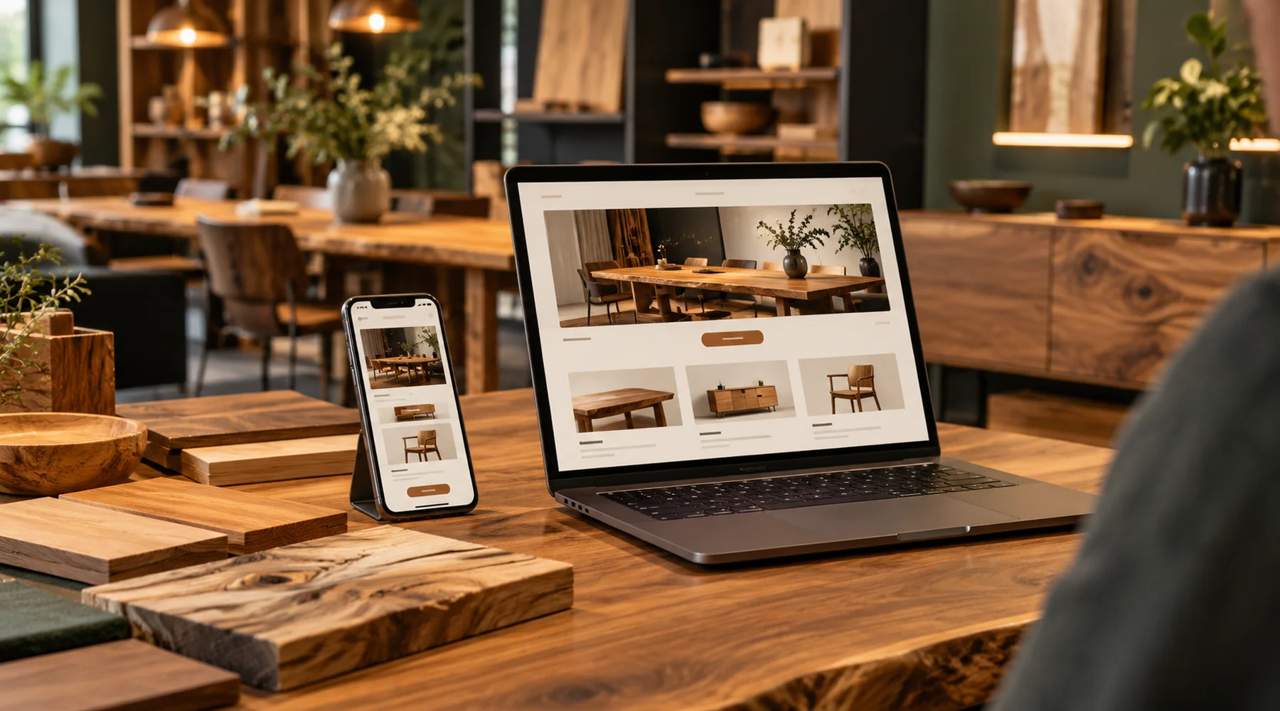 Website auf Laptop und Smartphone in einem warm gestalteten Holz-Showroom